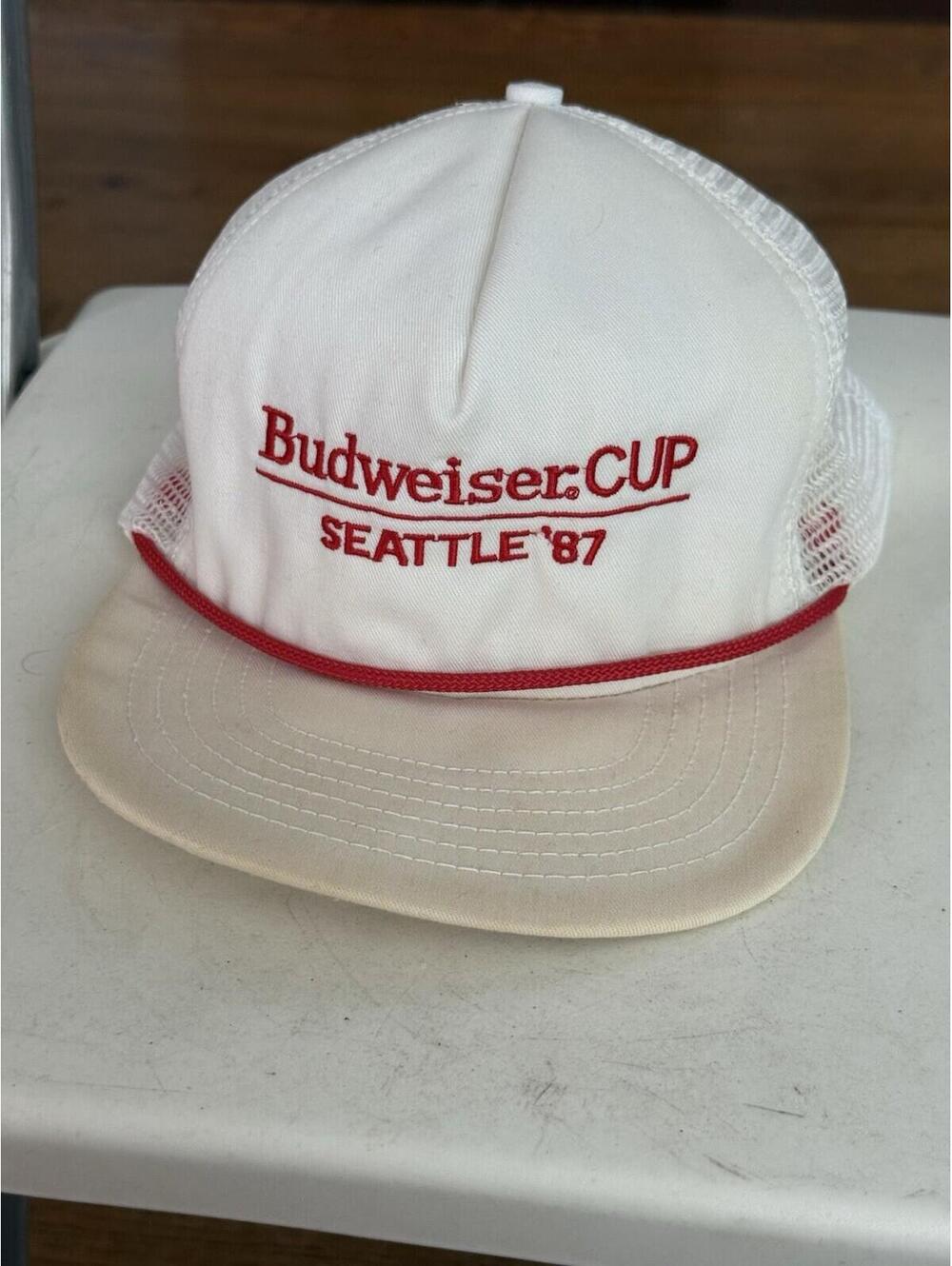Budweiser Snapback Hat White Red Rope Logo Beer Cap Adjustable Seattle 87  Vgt